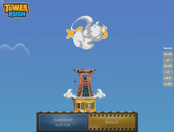 Temple Floor no Tower Rush com roda de bónus, multiplicadores e opção de congelamento do ganho.