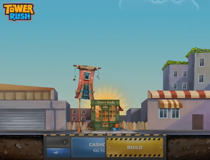 Rodada de Tower Rush com um andar a ser colocado e as opções Cashout e Build visíveis.